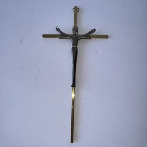 Vintage 10" Brass Metal Crucifix Cross Jesus Mid Century Modern‎ Wall Hanger